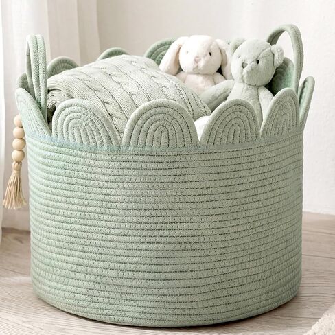LemonRoad Brown Round Basket Large Blanket Basket 16" x 14" Scalloped Woven Baskets Cotton Storage Baskets for Nursery Classroom Closet Blankets Storage Home Decor in Kuwait
