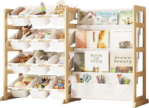 EXPERLAM Toy Storage Organizer with Bookshelf, Kids Toy Organizer and Storage Shelf with 12 White Bins, Solid Pine Wood Book Rack for Playroom, Nursery, Kids Room, Toys and Books in Kuwait