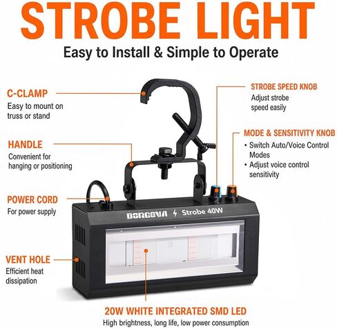 40W LED Strobe Light, Portable RGB LED Stage Flashing Light | Sound Activated & Auto Mode, Adjustable Speed & Sensitivity, Equipped with Hook, Perfect for Halloween Party Stage Club in Kuwait