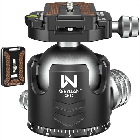 Low Profile Ball Head 52mm Tripod Head WEYLLAN DH52 Camera Head Mount, CNC Heavy Duty Ball Head with Two 1/4" Quick Release Plates, Panoramic Ballhead for Tripod, Monopod, DSLR, Max Load 66lbs /30kg in Kuwait