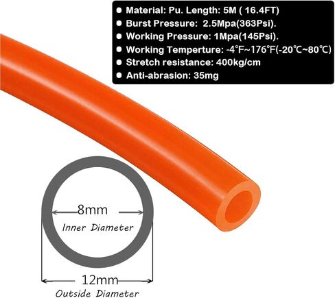 Beduan 12mm x 8mm Orange Pneumatic Tubing Pipe PU Polyurethane Air Compressor Tubing Hose Pipe Line Fluid Transfer 16.4ft 5 Meter in Kuwait