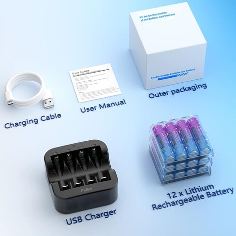 Pallus 1.5v Lithium Rechargeable AA Batteries - 12 Pack High Capacity Rechargeable Batteries AA, 2Hrs Fast Charging for Outdoor Blink Camera, Toys, Smart Lock, Constant Voltage, Long Lasting in Kuwait