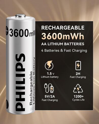 PHILIPS Rechargeable AA Lithium Battery 4 Pack, 1.5V 3600mWh Li-ion Battery, 1200 Long Batteries Life Works with Game Controllers in Kuwait