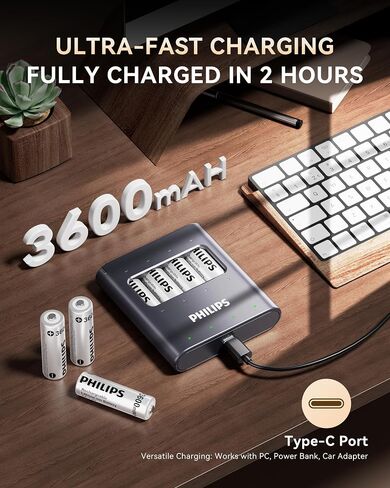PHILIPS Rechargeable AA Lithium Battery 4 Pack, 1.5V 3600mWh Li-ion Battery, 1200 Long Batteries Life Works with Game Controllers in Kuwait