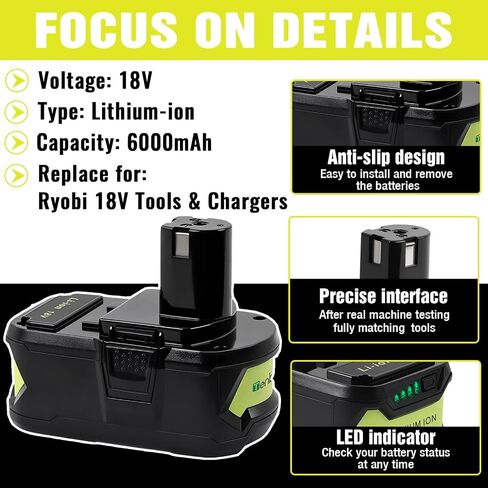 TenHutt 【Upgrade】 2 Packs 6.0Ah Lithium Replacement Battery for Ryobi 18V ONE+ Cordless Power Tool P108(130429054) Compatible with P102 P103 P104 P105 P107 P108 Lithium Battery in Saudi Arabia