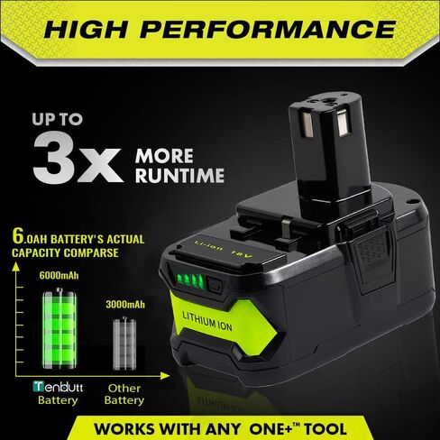 TenHutt 【Upgrade】 2 Packs 6.0Ah Lithium Replacement Battery for Ryobi 18V ONE+ Cordless Power Tool P108(130429054) Compatible with P102 P103 P104 P105 P107 P108 Lithium Battery in Saudi Arabia