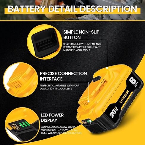 2Pack 8000mAh DCB200 Battery Replacement for Dewalt 20V Max Battery | DEL1810 Lithium Ion DCB201 DCB203 DCB204 DCB206 Compatible with Dewalt 20V Cordless Tools with LED Indicator in Kuwait