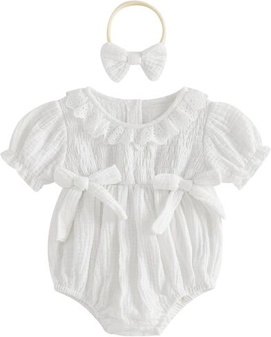 Newborn Baby Girl Clothes Cotton Linen Smocked Bubble Romper Short Sleeve Lace Collar Jumpsuit Infant Summer Outfit in Kuwait