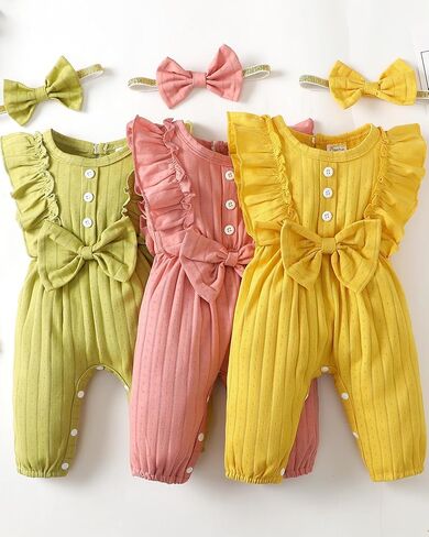 Mioglrie Preemie Newborn Baby Girl Clothes One Piece Infant Romper Outfits | Ruffle One Piece Outfits,Short Sleeve Romper,Matching Headband,Summer Bodysuit Outfits,Baby Essentials Must Haves in Kuwait