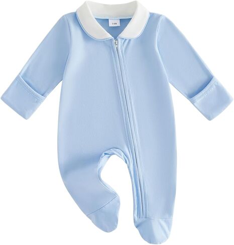 Newborn Baby Boy Girl Clothes Peter Pan Collar Zip Footed Footie Jumpsuit Romper Coming Home Hospital Fall Outfits in Kuwait