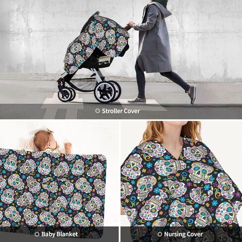Sugar Skulls Art Baby Car Seat Cover & Breastfeeding Nursing Cover - Breathable Stretch Fabric Multi-Use Nursing Cover for Breastfeeding in Kuwait