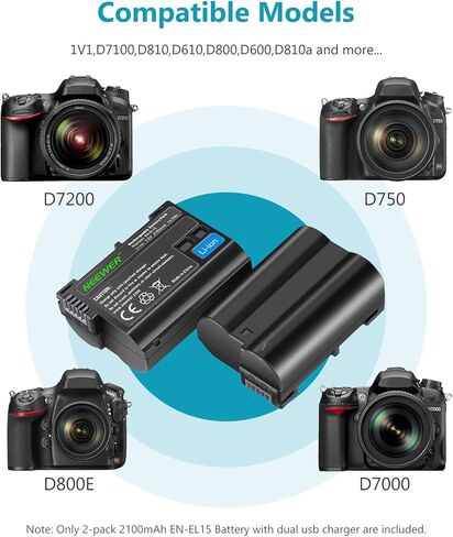 NEEWER Replacement Battery and Charger Set for EN-EL15, Compatible with Nikon Z5, Z6, Z6 II, Z7, Z7II, D780, D850, D7500, D750, D800, D7000, D7100, D7200 Batteries (2-Pack, Micro USB Port, 2100mAh) in Saudi Arabia