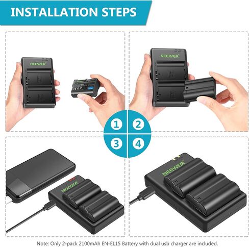NEEWER Replacement Battery and Charger Set for EN-EL15, Compatible with Nikon Z5, Z6, Z6 II, Z7, Z7II, D780, D850, D7500, D750, D800, D7000, D7100, D7200 Batteries (2-Pack, Micro USB Port, 2100mAh) in Saudi Arabia