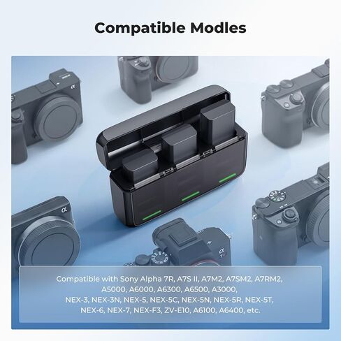 K&F CONCEPT 3-Pack NP-FW50 Battery and Upgraded 3-Slot 20W LED ZV-E10 Battery Charger Compatible with Sony Alpha A6400 A6000 A6300 A6500 A5000 A5100 A7 A7II A7R A7RII A7S A7SII RX10 II III IV Cameras in Kuwait