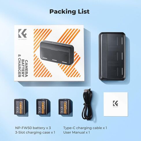 K&F CONCEPT 3-Pack NP-FW50 Battery and Upgraded 3-Slot 20W LED ZV-E10 Battery Charger Compatible with Sony Alpha A6400 A6000 A6300 A6500 A5000 A5100 A7 A7II A7R A7RII A7S A7SII RX10 II III IV Cameras in Kuwait