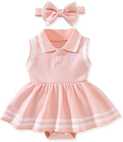 Preemie-12 Months Baby Girls Sleeveless Polo Dress Romper With Headband in Kuwait