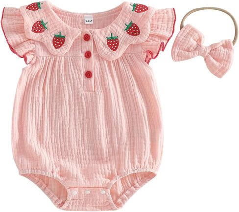 Baby Girl Summer Pink Strawberry Onesie + Headband | Newborn Infant Summer Outfit Fly Sleeve Romper Strawberry Onesie One Piece Smocked Bubble in Kuwait