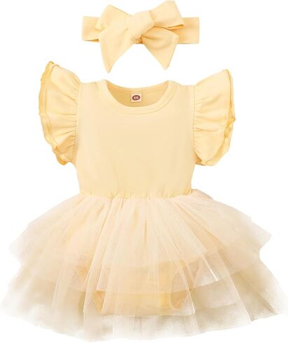 Baby Girls Tulle Romper Ruffle Sleeveless Tutu Dress 0-18M | Soft Cotton Blend, Bodysuit Tulle Skirt, Snap Crotch, Headband as Bow Hair Tie or Waist Belt, Daily Wear, Party, Holiday in Kuwait