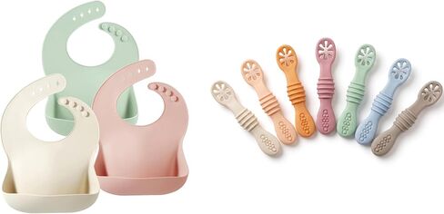 PandaEar Set of 3 Silicone Baby Bibs Waterproof & 7 Pack Baby Spoons in Kuwait