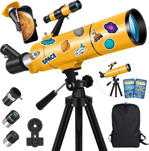 MEEZAA Telescope for Adults & Kids, 80mm Aperture 500mm Refractor | Portable Travel Telescopes, for Astronomy Beginners and Family Stargazing, with Tripod, Stickers, Phone Adapter, Backpack in Kuwait