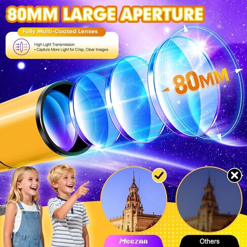 MEEZAA Telescope for Adults & Kids, 80mm Aperture 500mm Refractor | Portable Travel Telescopes, for Astronomy Beginners and Family Stargazing, with Tripod, Stickers, Phone Adapter, Backpack in Kuwait
