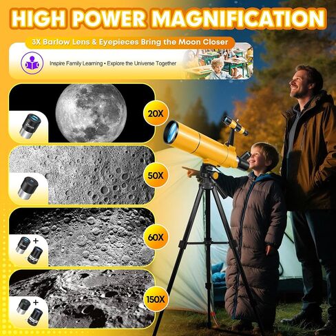 MEEZAA Telescope for Adults & Kids, 80mm Aperture 500mm Refractor | Portable Travel Telescopes, for Astronomy Beginners and Family Stargazing, with Tripod, Stickers, Phone Adapter, Backpack in Kuwait