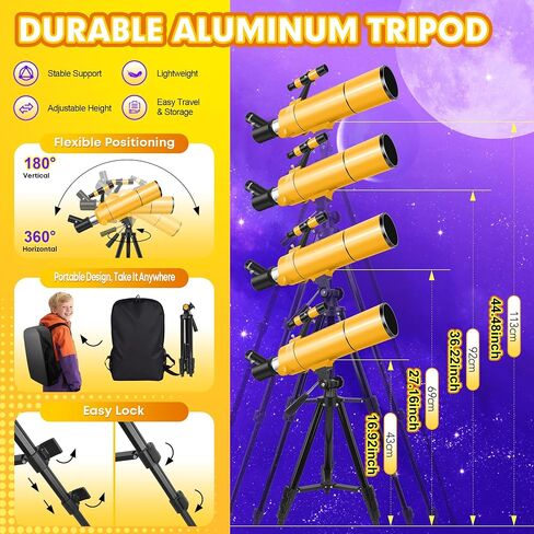 MEEZAA Telescope for Adults & Kids, 80mm Aperture 500mm Refractor | Portable Travel Telescopes, for Astronomy Beginners and Family Stargazing, with Tripod, Stickers, Phone Adapter, Backpack in Kuwait
