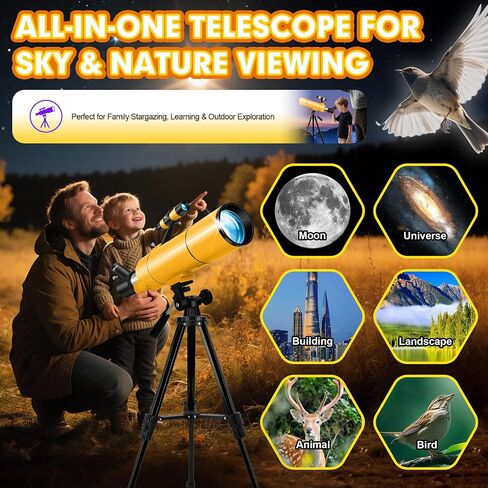 MEEZAA Telescope for Adults & Kids, 80mm Aperture 500mm Refractor | Portable Travel Telescopes, for Astronomy Beginners and Family Stargazing, with Tripod, Stickers, Phone Adapter, Backpack in Kuwait