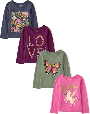 The Children's Place Baby Girls' and Toddler Unicorns,Butterflies,Trends Long Sleeve Graphic T-Shirts,4 Pack in Kuwait