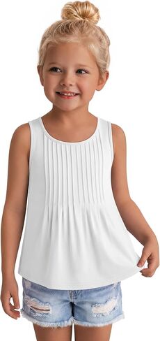 Ficerd Toddler Girls' Tank Tops Sleeveless Pleated Tunic T-Shirts for Baby Crew Neck Summer Dressy Loose Plain Tee Blouses in Kuwait