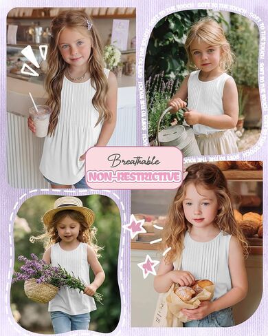 Ficerd Toddler Girls' Tank Tops Sleeveless Pleated Tunic T-Shirts for Baby Crew Neck Summer Dressy Loose Plain Tee Blouses in Kuwait