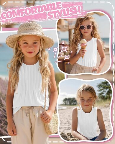 Ficerd Toddler Girls' Tank Tops Sleeveless Pleated Tunic T-Shirts for Baby Crew Neck Summer Dressy Loose Plain Tee Blouses in Kuwait