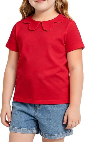 Girls Scalloped Peter Pan Collar T-Shirt Short Sleeve Cotton Blend Top | For girls aged 2–8,designed with scalloped Peter Pan collar. Skin-friendly cotton blend, great for school, daily and holiday. in Kuwait