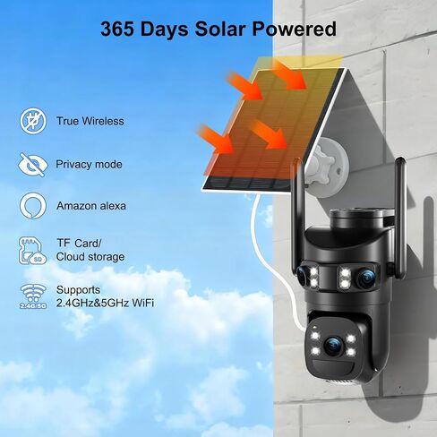 8MP 6K Triple Lens Solar Security Camera Outdoor, 5GHz/2.4GHz WiFi Wireless PTZ Camera, Color Night Vision, Auto Human Tracking, Two-Way Audio,IP66 Weatherproof Home Surveillance Cam in Kuwait