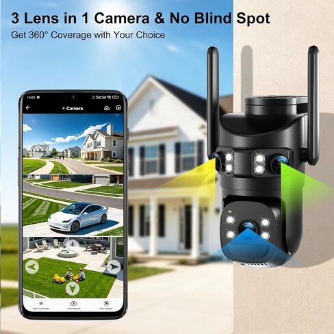 8MP 6K Triple Lens Solar Security Camera Outdoor, 5GHz/2.4GHz WiFi Wireless PTZ Camera, Color Night Vision, Auto Human Tracking, Two-Way Audio,IP66 Weatherproof Home Surveillance Cam in Kuwait