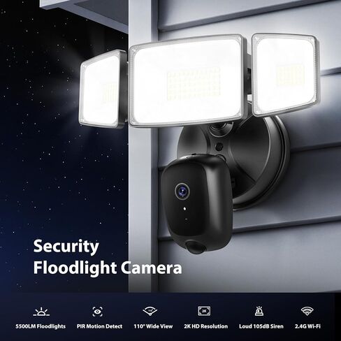 Onforu Hardwired Floodlight Camera Outdoor, Flood Light Security Cam Black | 5500LM 2K HD with Motion Sensor, Color Night Vision, 2-Way Audio, Built-in Siren, 24/7 Record, 2.4GHz WiFi, Works with Alexa in Saudi Arabia