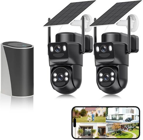 4K Solar Security Cameras Wireless Outdoor with Dual Lens, 2 Cam Kit, No Subscription Fee, Home Security System with Color Night Vision, Auto Tracking, Motion Detection in Kuwait