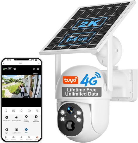 SANSCO 4G LTE Cellular Solar Security Camera Wireless Outdoor | Lifetime Free Unlimited Data, NO WiFi 2K Color Night Vision, PTZ 360 View, 2 Way Audio,Built-in SIM Card, 64G TF Card in Kuwait