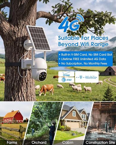 SANSCO 4G LTE Cellular Solar Security Camera Wireless Outdoor | Lifetime Free Unlimited Data, NO WiFi 2K Color Night Vision, PTZ 360 View, 2 Way Audio,Built-in SIM Card, 64G TF Card in Kuwait