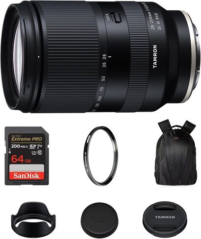 Tamron 28-200mm f/2.8-5.6 Di III RXD Lens for Sony E, 64 GB Card Bundle Kit | Bundle Includes 64GB 200MB/s Extreme PRO SDXC Memory card, Tiffen 67mm UV filter, & camera backpack for full-frame shooting in Kuwait