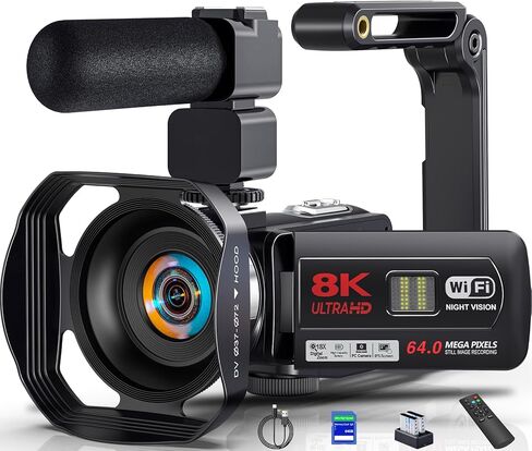 8K 64MP Video Camera Camcorder 18X Zoom WiFi IR Night Vision Camcorders | 3.0'' Touch Screen Webcam Vlogging Camera for YouTube with 64GB SD Card, 2 Batteries, Remote Control, Mic and Stabilizer in Kuwait