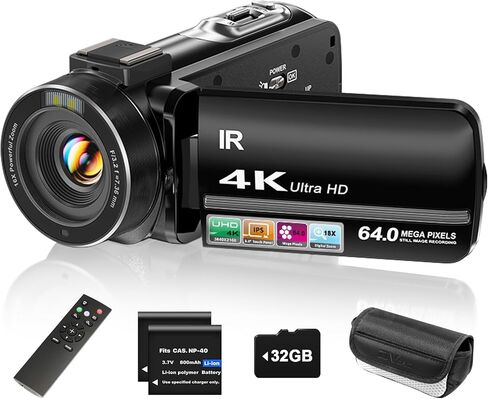 ZYDIIE 4K Video Camera Camcorder UHD 64MP Vlogging Camera for YouTube 18x Digital Zoom 3" 270° Rotation IPS Touchscreen Video Camcorder with Night Vision, Remote Control, 32GB Card, 2 Batteries in Kuwait