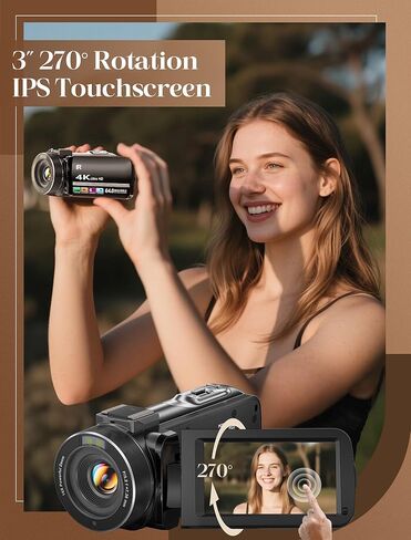 ZYDIIE 4K Video Camera Camcorder UHD 64MP Vlogging Camera for YouTube 18x Digital Zoom 3" 270° Rotation IPS Touchscreen Video Camcorder with Night Vision, Remote Control, 32GB Card, 2 Batteries in Kuwait