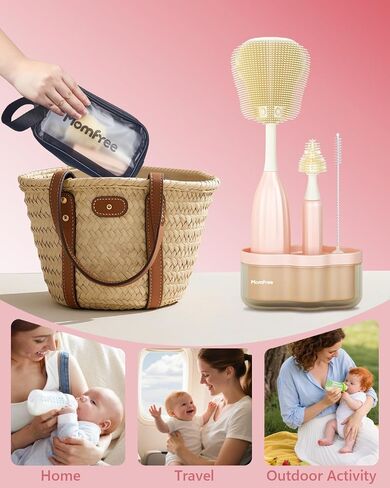 Baby Bottle Brush Set, Push-Press Baby Bottle Cleaner Brush Can Generate Foam - Travel Cleaner Brush for Baby Bottles, Breast Pumps, Nipples, and More(with Storage Bag) in Kuwait