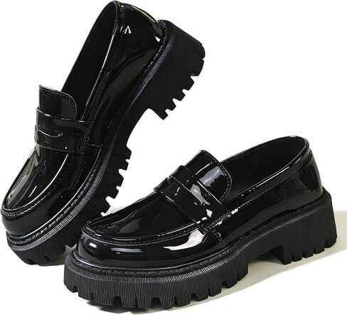 Womens Patent Leather Chunky Heel Loafers Fashion Comfort Slip On Round Toe Platform Penny Loafers Daily Casual Work Office Dressy in Kuwait