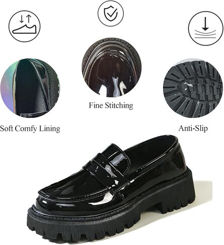 Womens Patent Leather Chunky Heel Loafers Fashion Comfort Slip On Round Toe Platform Penny Loafers Daily Casual Work Office Dressy in Kuwait