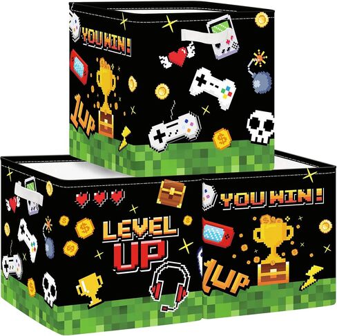 Clastyle 11.8" Video Game Storage Basket Set of 3 for Kid Toy Clothes Bin | Collapsible Fabric Book Bin, Metal Frame Bottom Board, Cube Organizer, Closet Nursery Pantry Shelf Bedroom, Grey Boy Gamepad in Kuwait