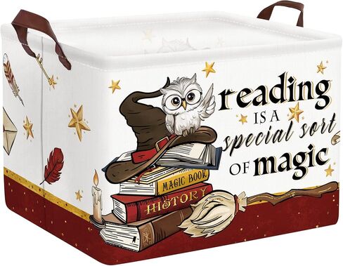 Clastyle Magic Nursery Decor Baby Gift Basket Kid Large Book Potter Basket | Rectangle Dirty Clothes Book Gift Toy Organizer Nursery Bin, Playroom Bedroom Bathroom, Broomstick Wand Owl Brown Red Hat in Kuwait