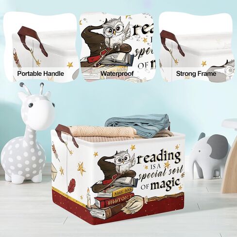 Clastyle Magic Nursery Decor Baby Gift Basket Kid Large Book Potter Basket | Rectangle Dirty Clothes Book Gift Toy Organizer Nursery Bin, Playroom Bedroom Bathroom, Broomstick Wand Owl Brown Red Hat in Kuwait