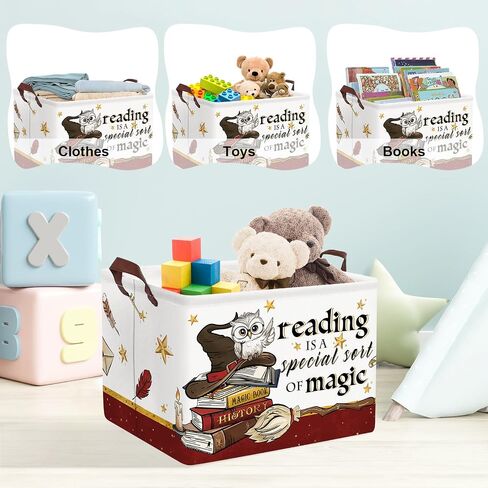 Clastyle Magic Nursery Decor Baby Gift Basket Kid Large Book Potter Basket | Rectangle Dirty Clothes Book Gift Toy Organizer Nursery Bin, Playroom Bedroom Bathroom, Broomstick Wand Owl Brown Red Hat in Kuwait